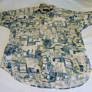Men's Abstract Print Button Down Shirt - Green and Blue